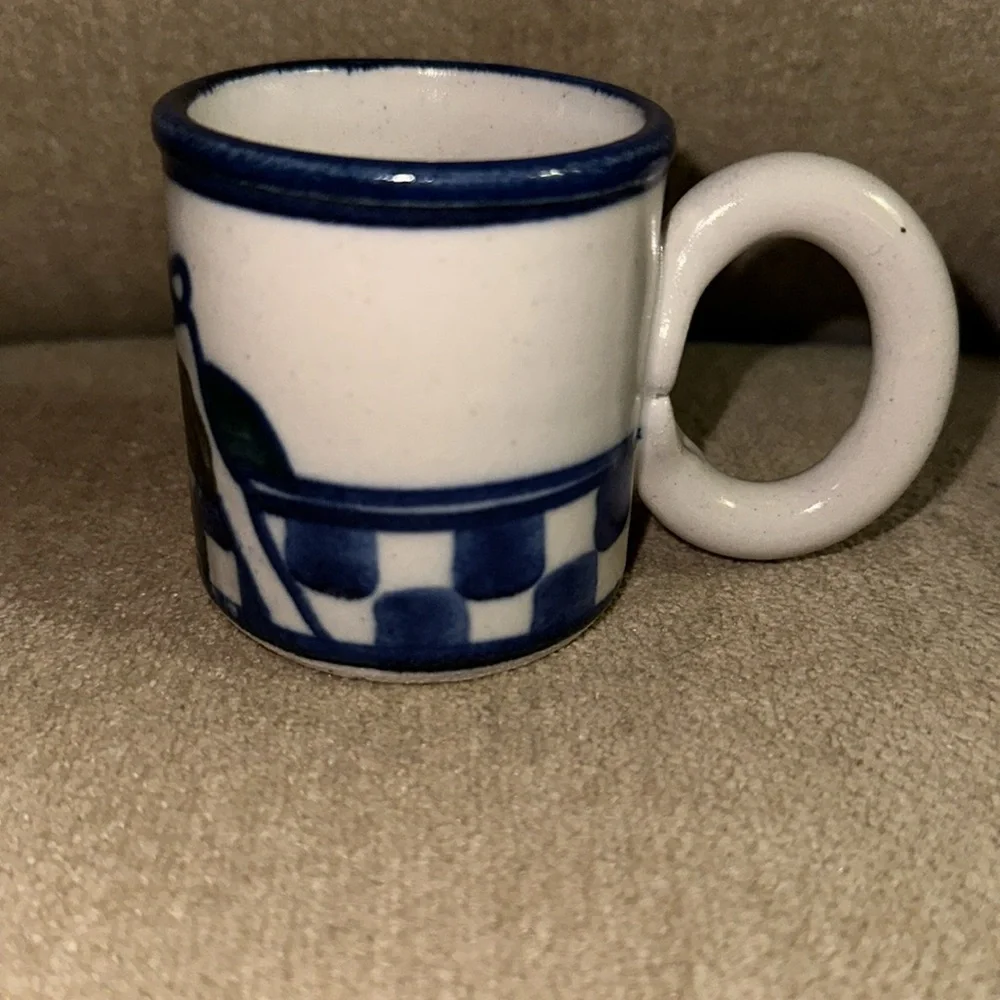 DEBBIE DEAN Small Handmade Signed Folk Art Blue/White Pottery Mini Mug 2.5”